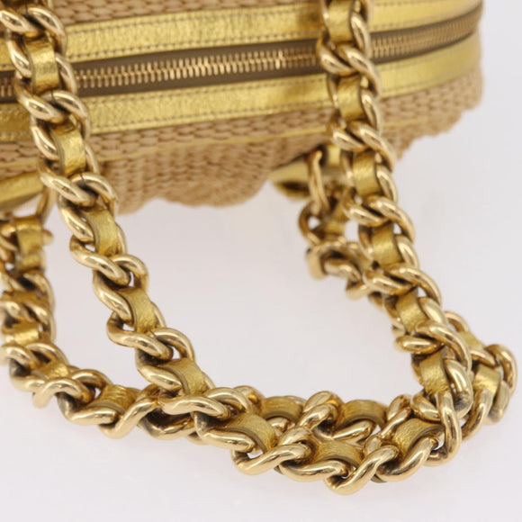 PRADA Chain Hand Bag Raffia Beige Gold Tone BL0352 Auth am12833M