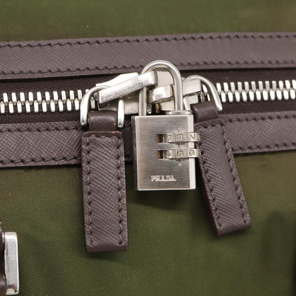 PRADA Boston Bag Nylon Khaki Silver Auth am12844A