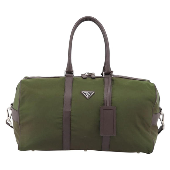 PRADA Boston Bag Nylon Khaki Silver Auth am12844A