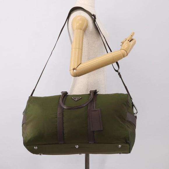 PRADA Boston Bag Nylon Khaki Silver Auth am12844A