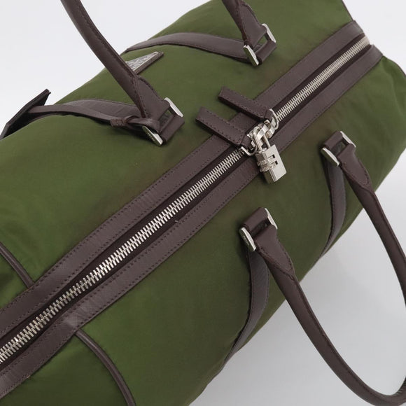 PRADA Boston Bag Nylon Khaki Silver Auth am12844A
