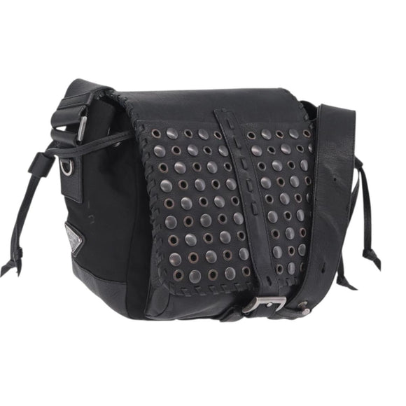PRADA Studs Shoulder Bag Nylon Black Silver Auth am12849A