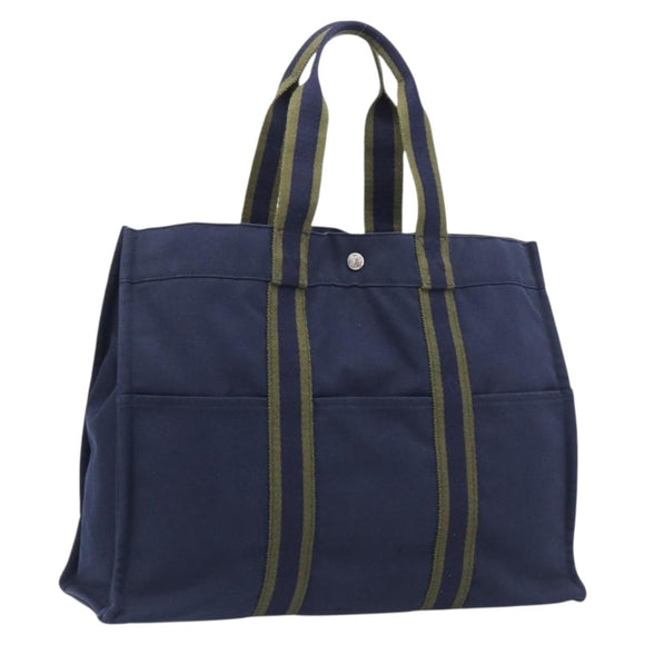 HERMES Fourre Tout MM Hand Bag Canvas Navy Silver Auth am12875V