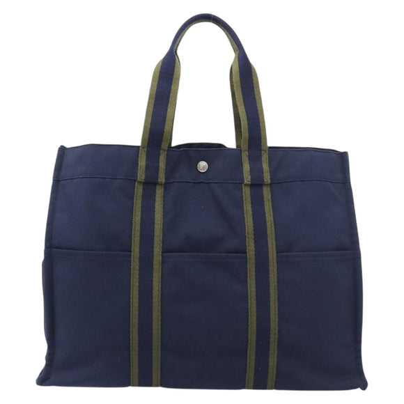HERMES Fourre Tout MM Hand Bag Canvas Navy Silver Auth am12875V