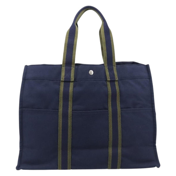 HERMES Fourre Tout MM Hand Bag Canvas Navy Silver Auth am12875V