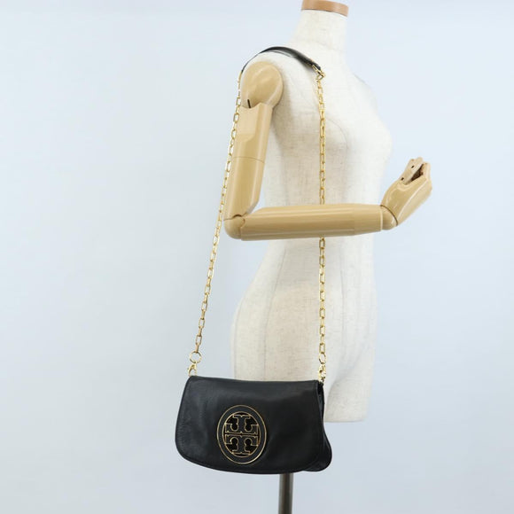 Tory Burch Chain Shoulder Bag Leather Black Gold Tone Auth am12876A
