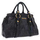 Miu Miu Side Ribbon Hand Bag Leather Black Gold Auth am12883M-1