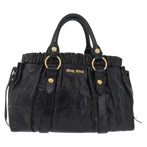 Miu Miu Side Ribbon Hand Bag Leather Black Gold Auth am12883M