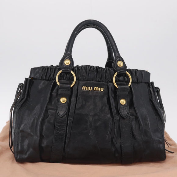 Miu Miu Side Ribbon Hand Bag Leather Black Gold Auth am12883M