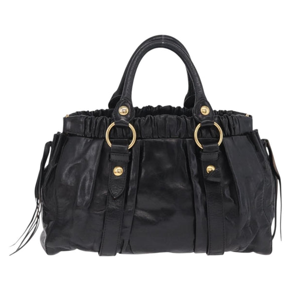 Miu Miu Side Ribbon Hand Bag Leather Black Gold Auth am12883M