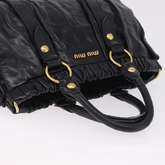 Miu Miu Side Ribbon Hand Bag Leather Black Gold Auth am12883M