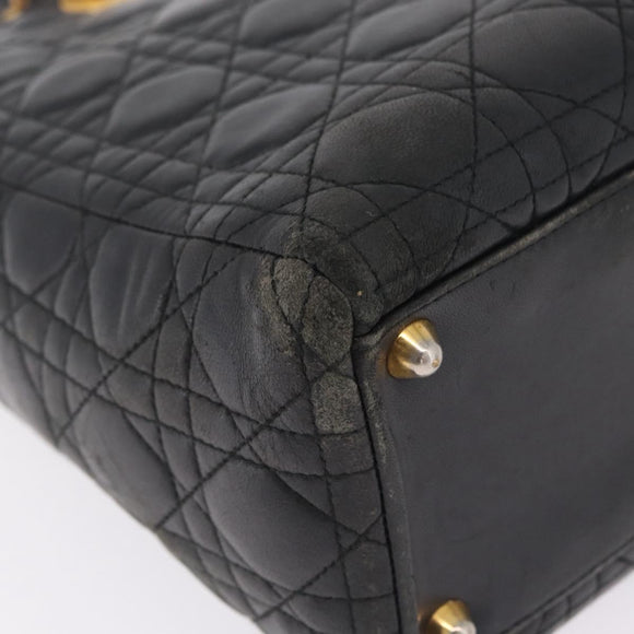 Christian Dior Canage Lady Dior GM Hand Bag Lamb Skin Black Gold Auth am12885