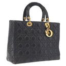Christian Dior Canage Lady Dior GM Hand Bag Lamb Skin Black Gold Auth am12885-1