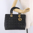 Christian Dior Canage Lady Dior GM Hand Bag Lamb Skin Black Gold Auth am12885-25