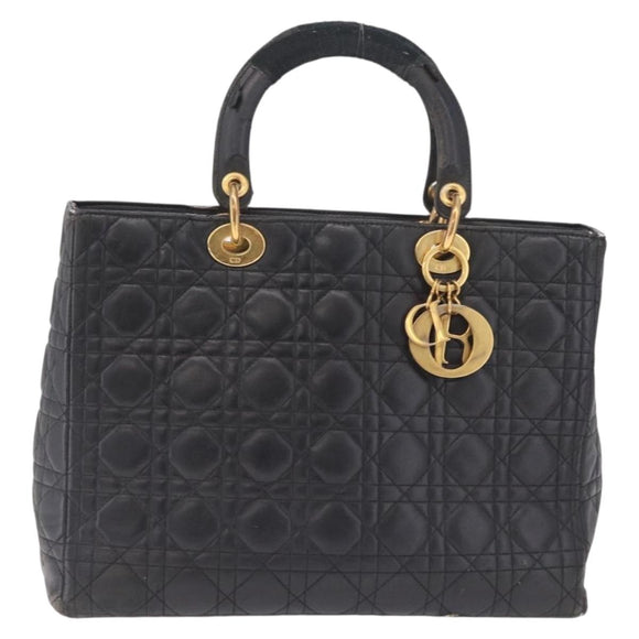 Christian Dior Canage Lady Dior GM Hand Bag Lamb Skin Black Gold Auth am12885