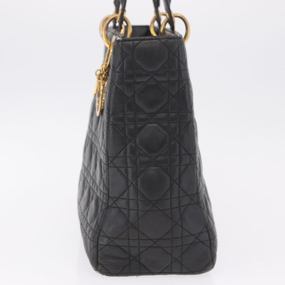 Christian Dior Canage Lady Dior GM Hand Bag Lamb Skin Black Gold Auth am12885