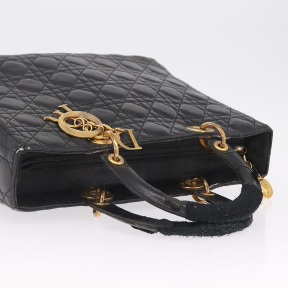 Christian Dior Canage Lady Dior GM Hand Bag Lamb Skin Black Gold Auth am12885