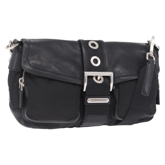 PRADA Shoulder Bag Leather Nylon Black Silver BR2417 Auth am12894V