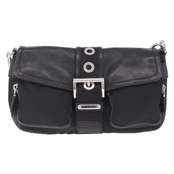 PRADA Shoulder Bag Leather Nylon Black Silver BR2417 Auth am12894V