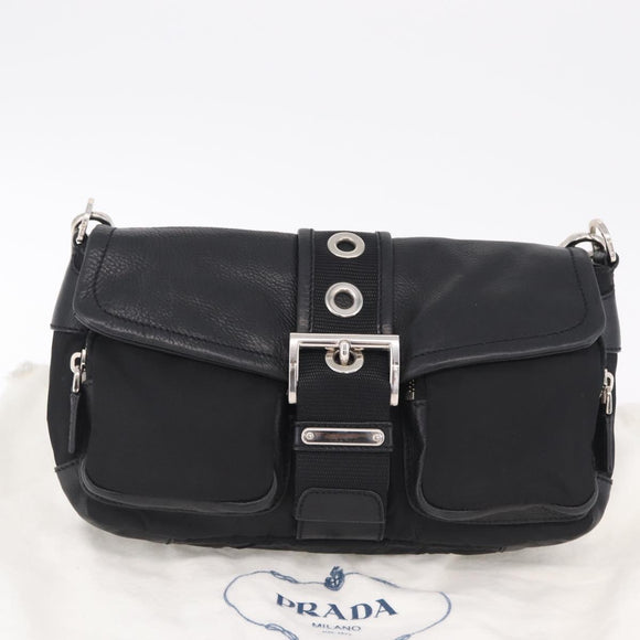 PRADA Shoulder Bag Leather Nylon Black Silver BR2417 Auth am12894V
