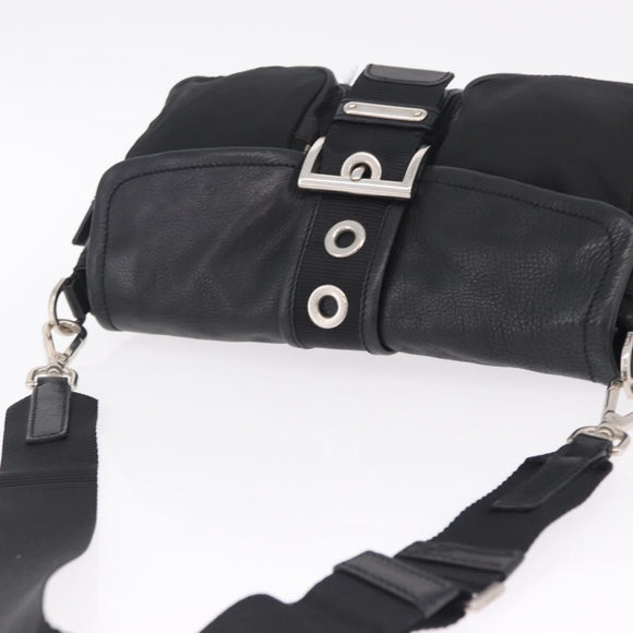 PRADA Shoulder Bag Leather Nylon Black Silver BR2417 Auth am12894V