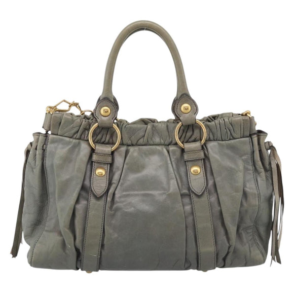Miu Miu Side ribbon Hand Bag Leather 2way Gray Gold Auth am12902A
