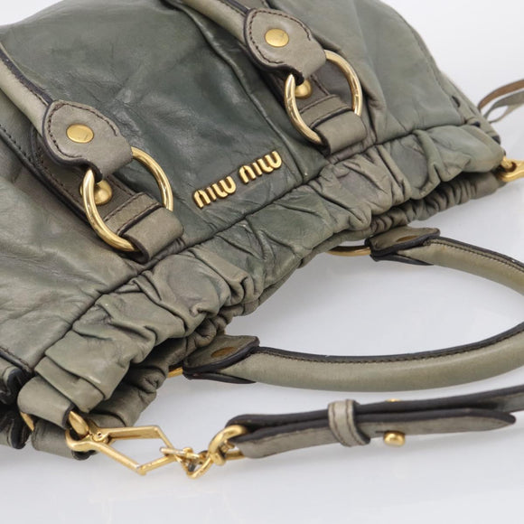 Miu Miu Side ribbon Hand Bag Leather 2way Gray Gold Auth am12902A