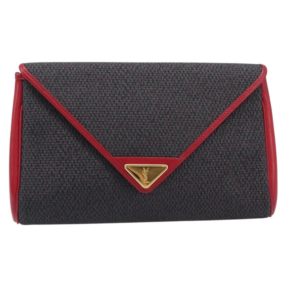 Saint Laurent Clutch Bag Leather Canvas Red Gray gold Auth am12909A