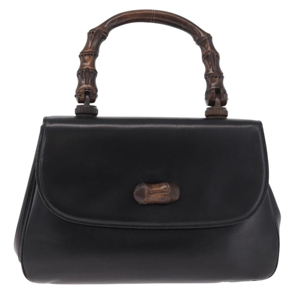 GUCCI Bamboo Hand Bag Leather Black Gold Auth am12965V