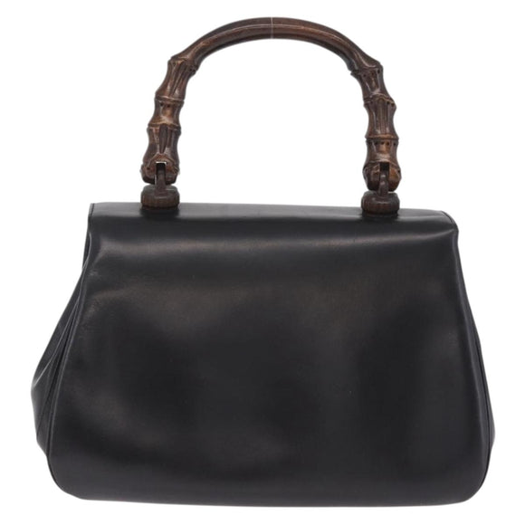 GUCCI Bamboo Hand Bag Leather Black Gold Auth am12965V