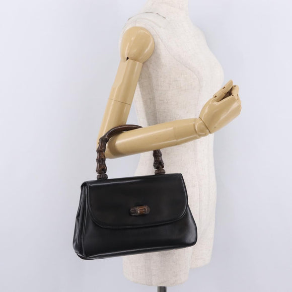 GUCCI Bamboo Hand Bag Leather Black Gold Auth am12965V