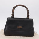 GUCCI Bamboo Hand Bag Leather Black Gold Auth am12965V-32