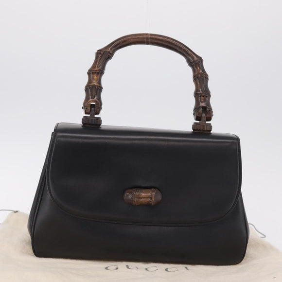 GUCCI Bamboo Hand Bag Leather Black Gold Auth am12965V