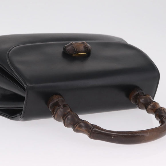 GUCCI Bamboo Hand Bag Leather Black Gold Auth am12965V