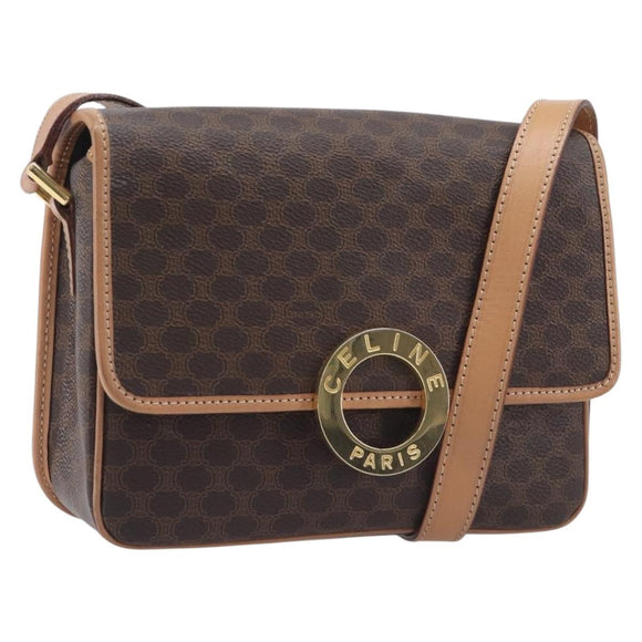 CELINE Macadam Canvas Circle Shoulder Bag PVC Leather Brown Gold Auth am12967V