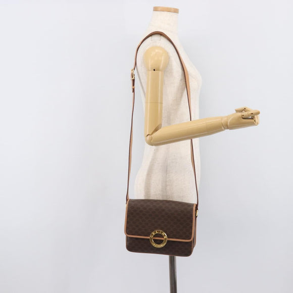 CELINE Macadam Canvas Circle Shoulder Bag PVC Leather Brown Gold Auth am12967V