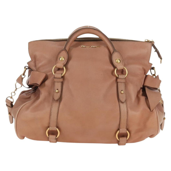 Miu Miu Side Ribbon Tote Bag Leather 2way Beige Gold Auth am12990V