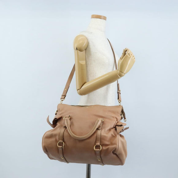 Miu Miu Side Ribbon Tote Bag Leather 2way Beige Gold Auth am12990V