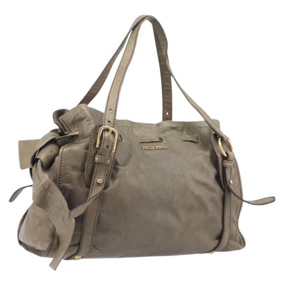 Miu Miu Side Ribbon Tote Bag Leather Khaki Gold Auth am12991A