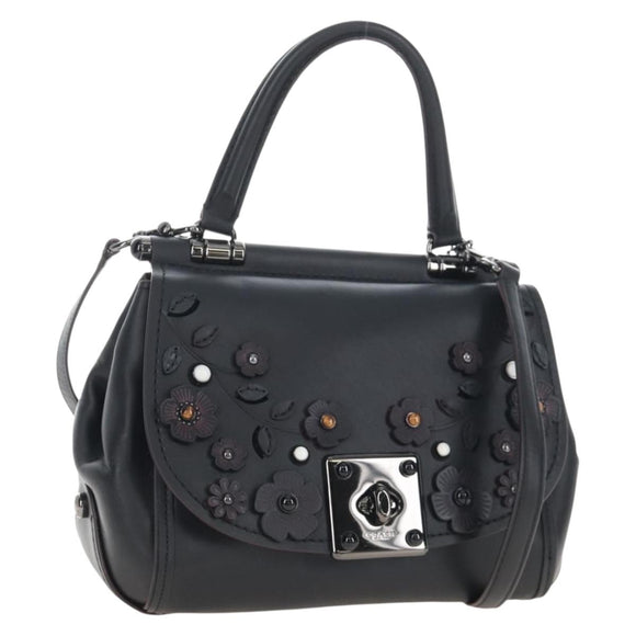 Coach Tea Rose Turn Lock Hand Bag Leather 2way Black Silver Auth am13006V
