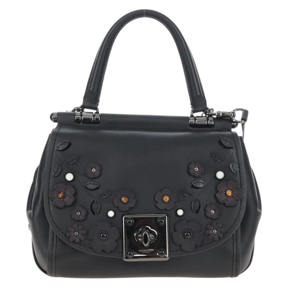 Coach Tea Rose Turn Lock Hand Bag Leather 2way Black Silver Auth am13006V