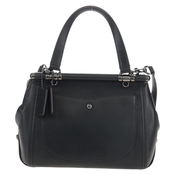 Coach Tea Rose Turn Lock Hand Bag Leather 2way Black Silver Auth am13006V