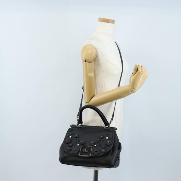 Coach Tea Rose Turn Lock Hand Bag Leather 2way Black Silver Auth am13006V