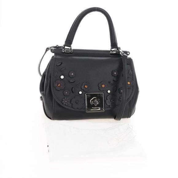 Coach Tea Rose Turn Lock Hand Bag Leather 2way Black Silver Auth am13006V