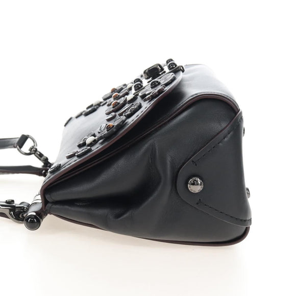 Coach Tea Rose Turn Lock Hand Bag Leather 2way Black Silver Auth am13006V