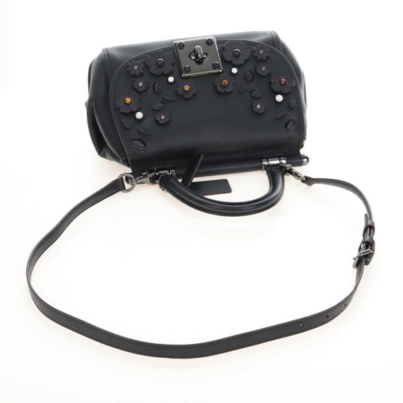 Coach Tea Rose Turn Lock Hand Bag Leather 2way Black Silver Auth am13006V