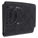 CHANEL Cambon Line W Hook Trifold Wallet Leather Black Silver CC Auth am13011SAM-1