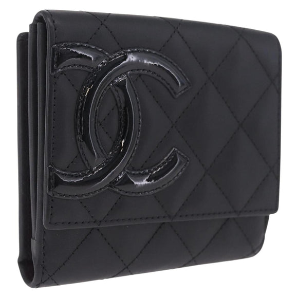 CHANEL Cambon Line W Hook Trifold Wallet Leather Black Silver CC Auth am13011SAM