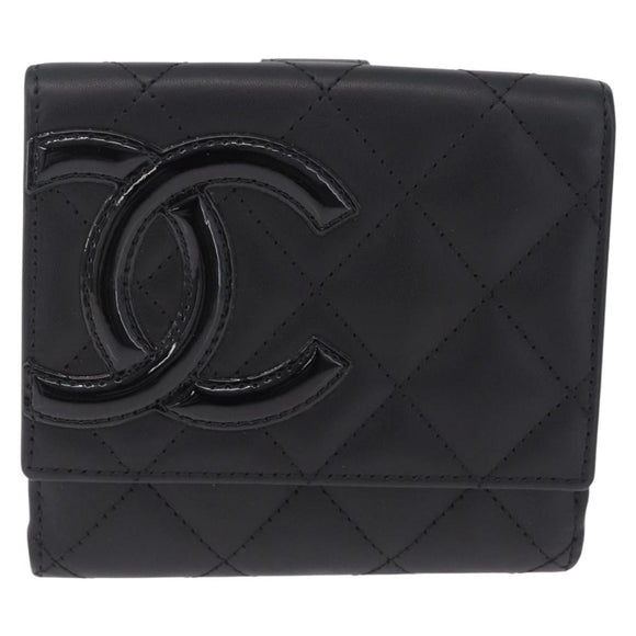 CHANEL Cambon Line W Hook Trifold Wallet Leather Black Silver CC Auth am13011SAM