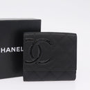 CHANEL Cambon Line W Hook Trifold Wallet Leather Black Silver CC Auth am13011SAM-25